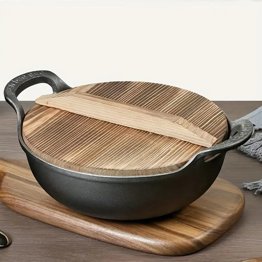 Rustic-Wood Non-Stick Cast Iron Simmer Pot