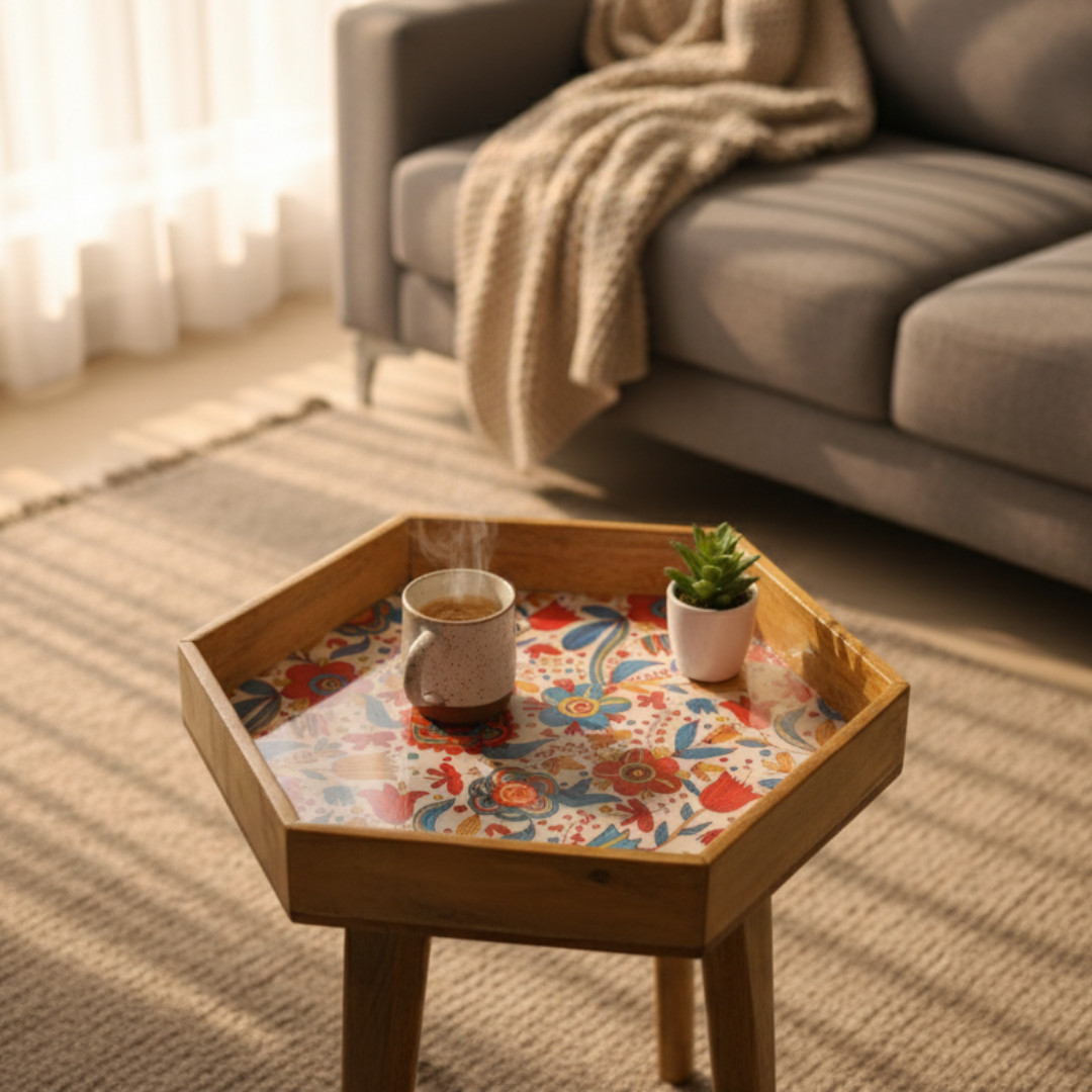 Elegant Wooden Handcrafted Designer Table with Meena Work Epoxy Finish