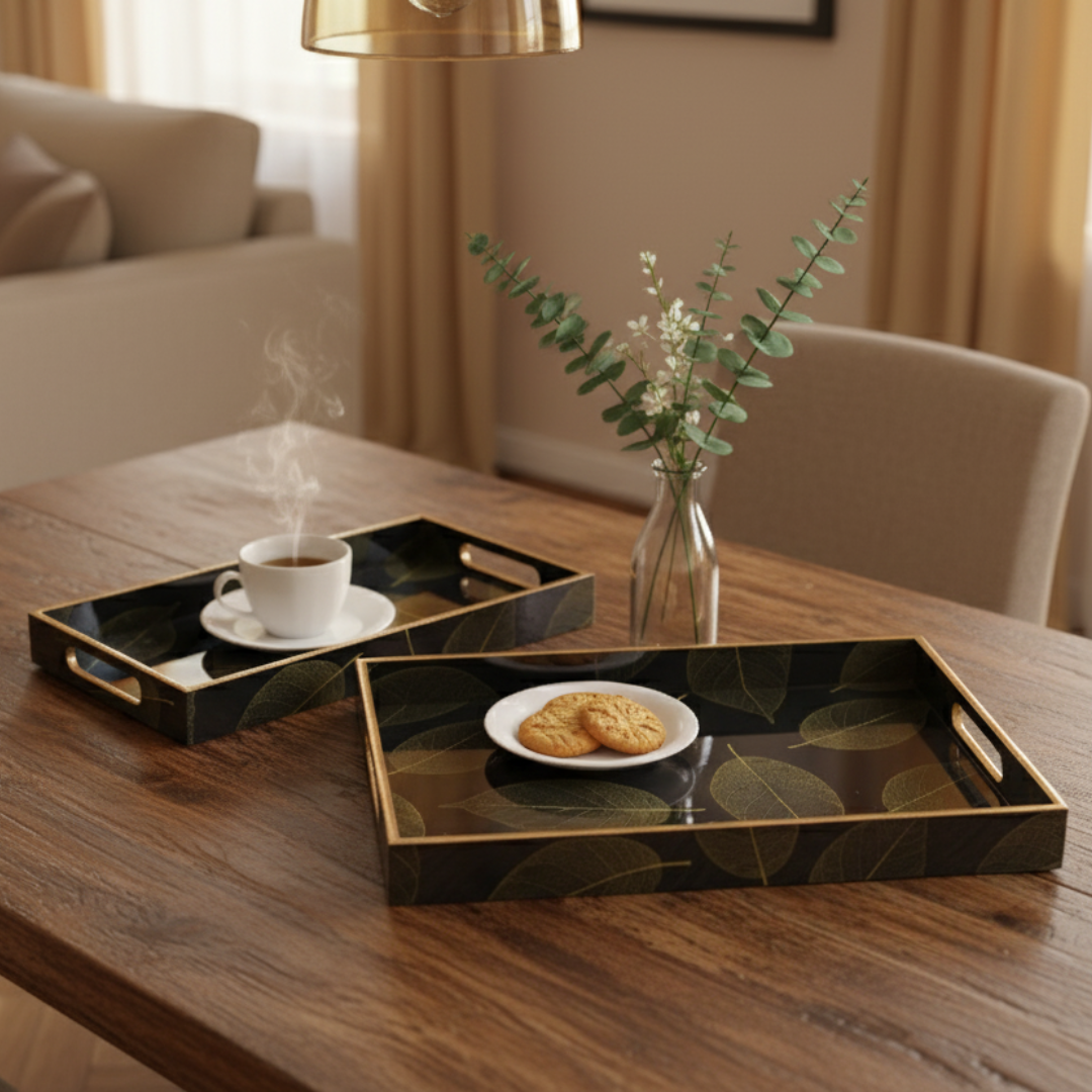 Elegant Leaf Pattern Resin MDF Tray for Modern Homes (Set of 3)