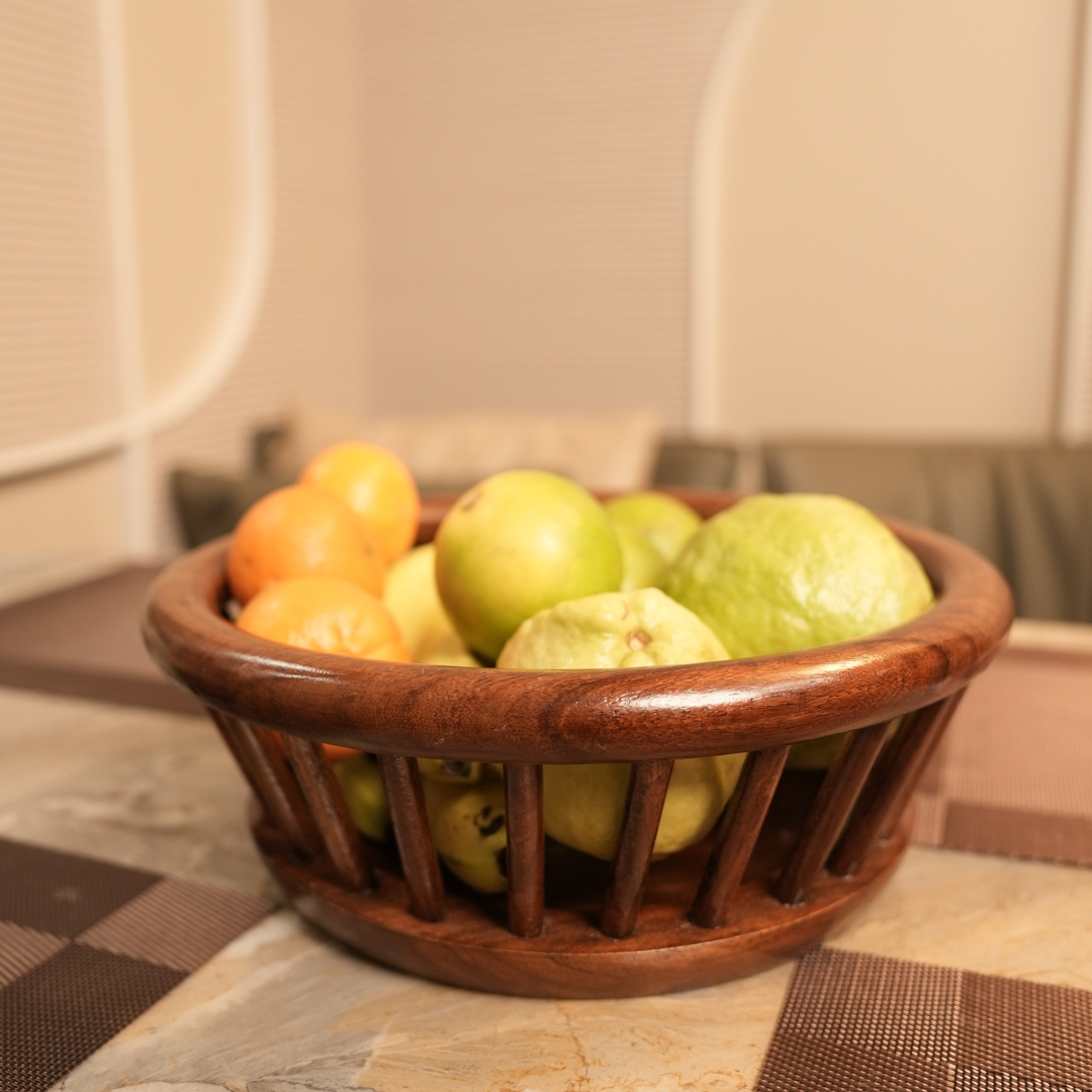 Elegant Design Premium Sheesham Round Wooden Fruit Basket