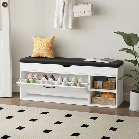 Shoe Storage Bench with Hidden Compartment and Dual Tiers