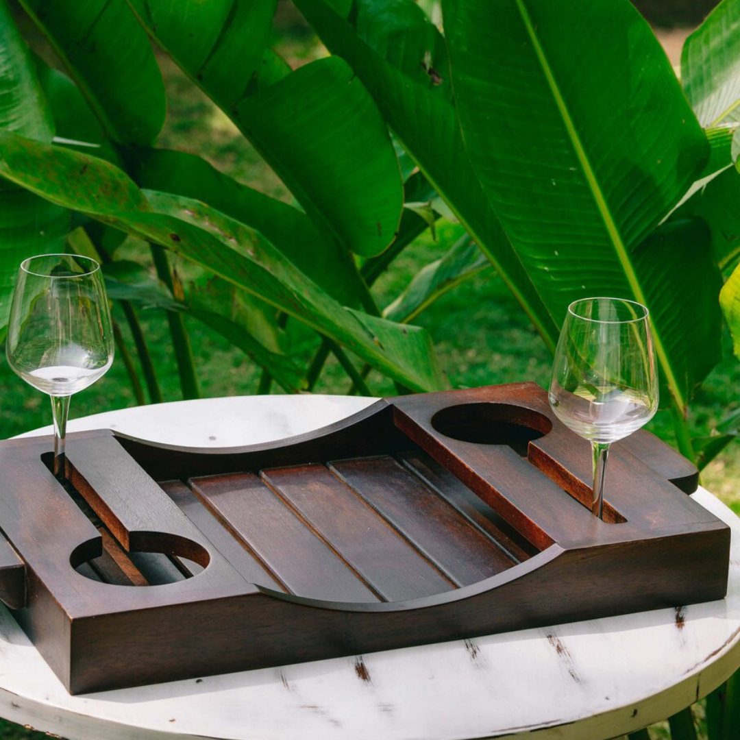 Elegant Wooden Wine Tray with Glass and Bottle Holders