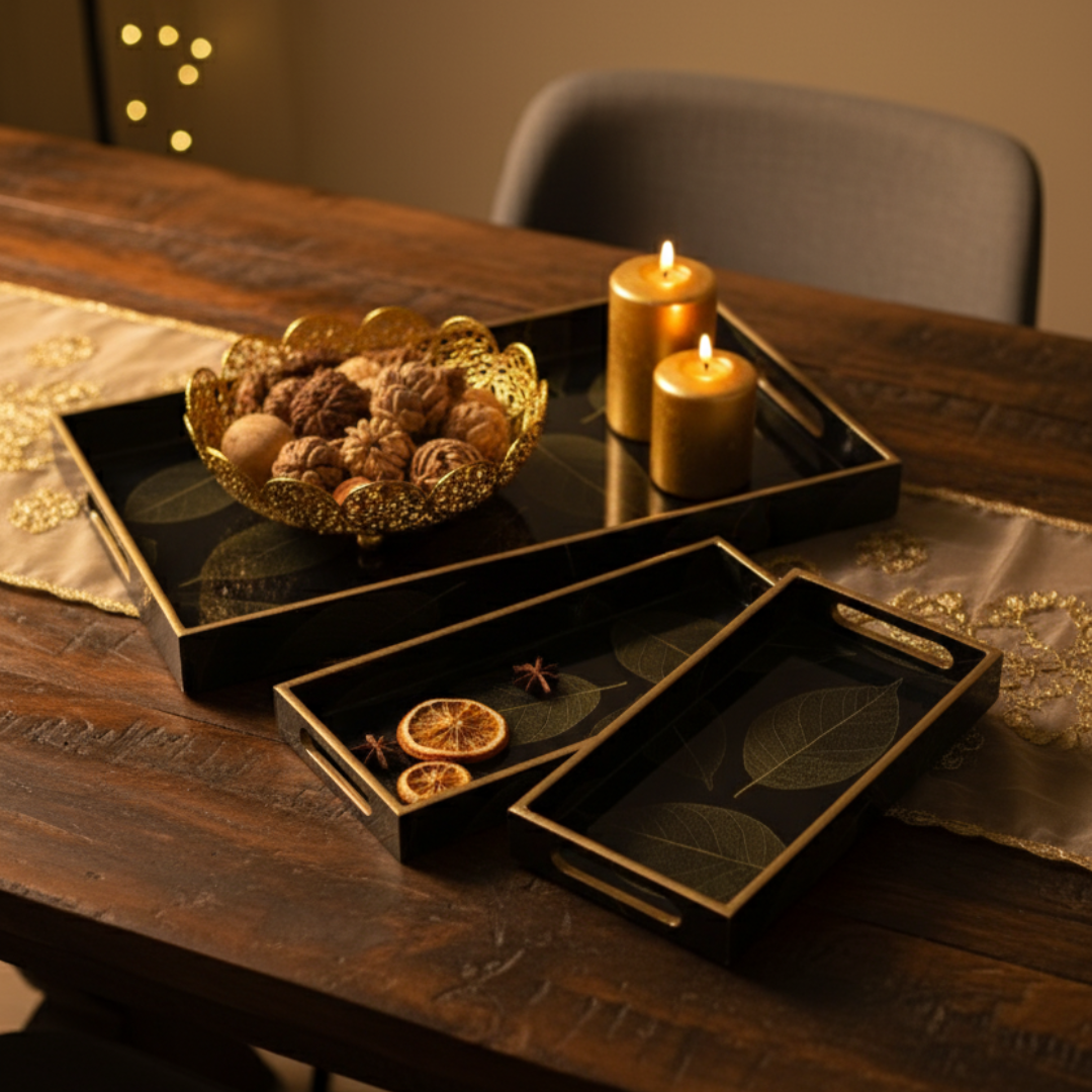 Elegant Leaf Pattern Resin MDF Tray for Modern Homes (Set of 3)