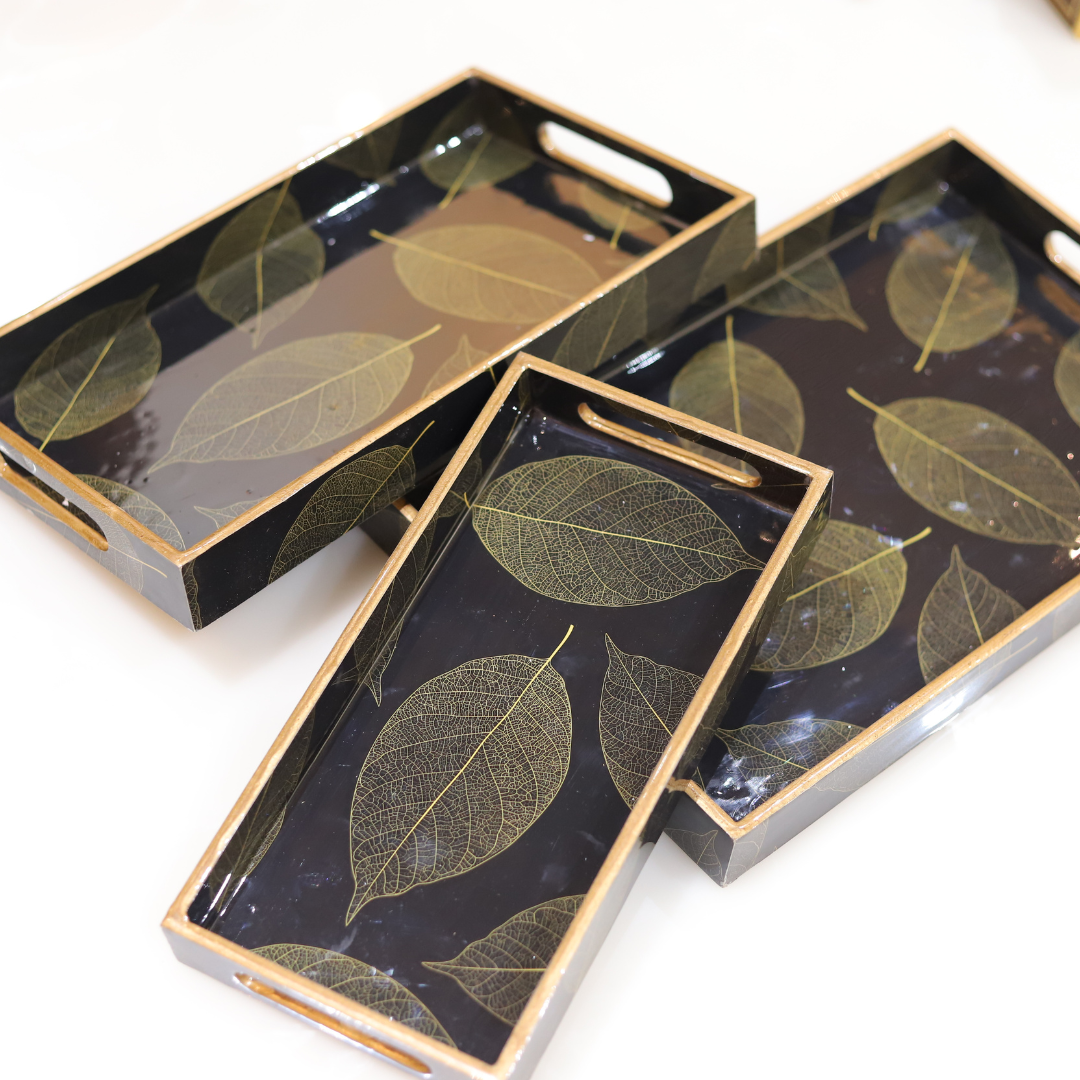 Elegant Leaf Pattern Resin MDF Tray for Modern Homes (Set of 3)