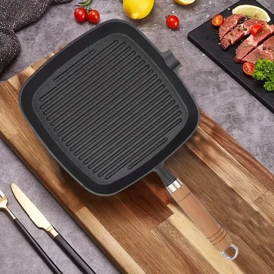Premium Cast Iron Steak Pan with Wooden Handle
