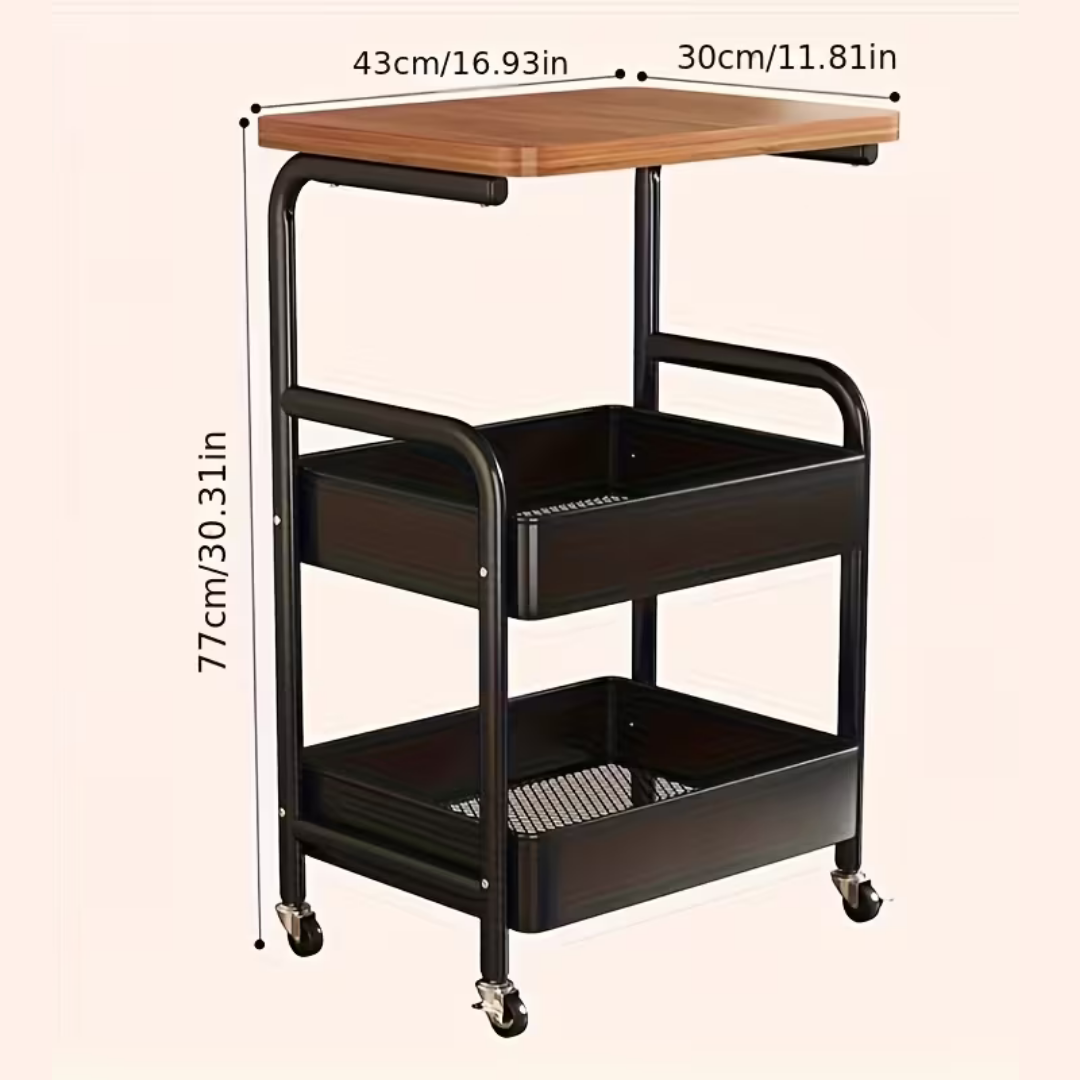3 Tier Rolling Storage Utility Cart with Wooden Top