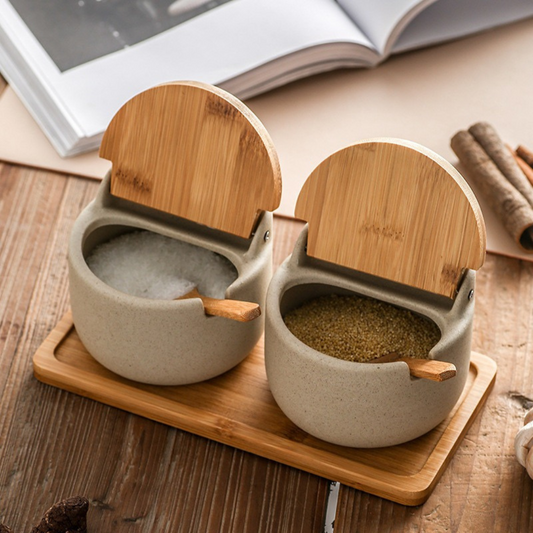 Elegant Japanese Ceramic Spice Jar Set with Bamboo Tray
