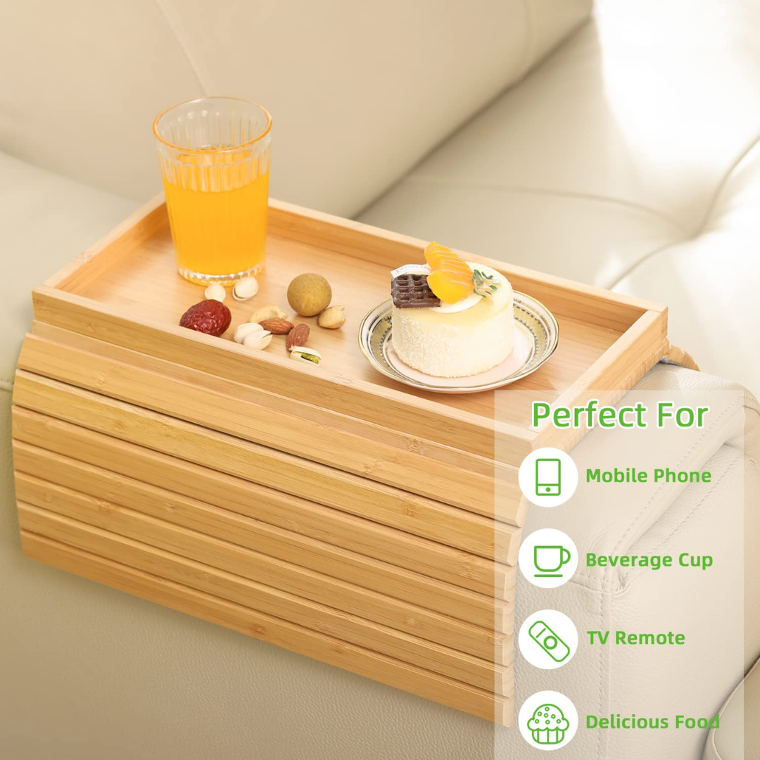 Foldable Bamboo Sofa Arm Tray Table with Anti-Slip Grip - 33.5 x 45.7CM