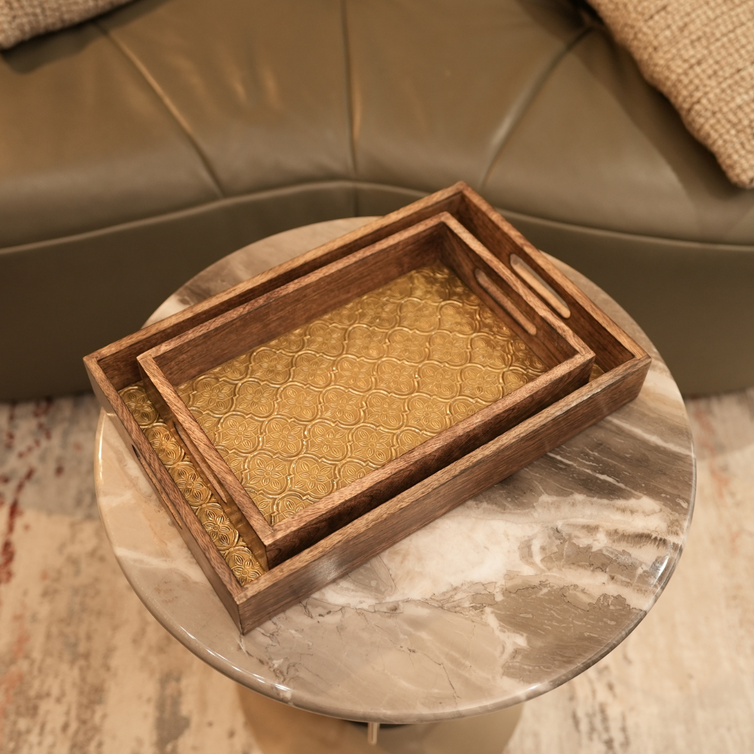 Premium Wood MDF Patra Work Decorative Tray Set with Golden Finish