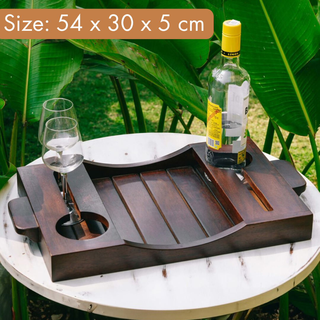 Elegant Wooden Wine Tray with Glass and Bottle Holders