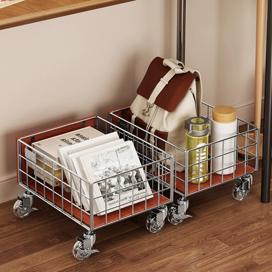 Vintage Solid Wood Rolling Metal Storage Cart with Lockable Wheels