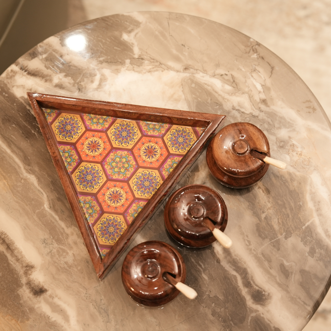 Sheesham Wood Triangular Condiment Tray with Jars and Spoons Set