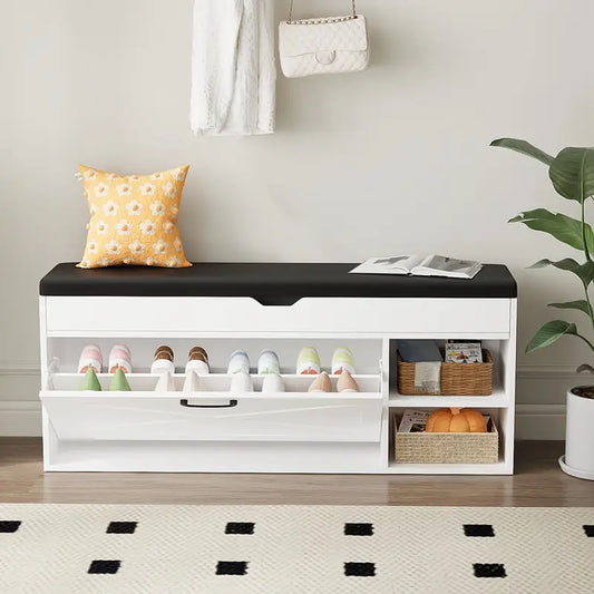 Shoe Storage Bench with Hidden Compartment and Dual Tiers