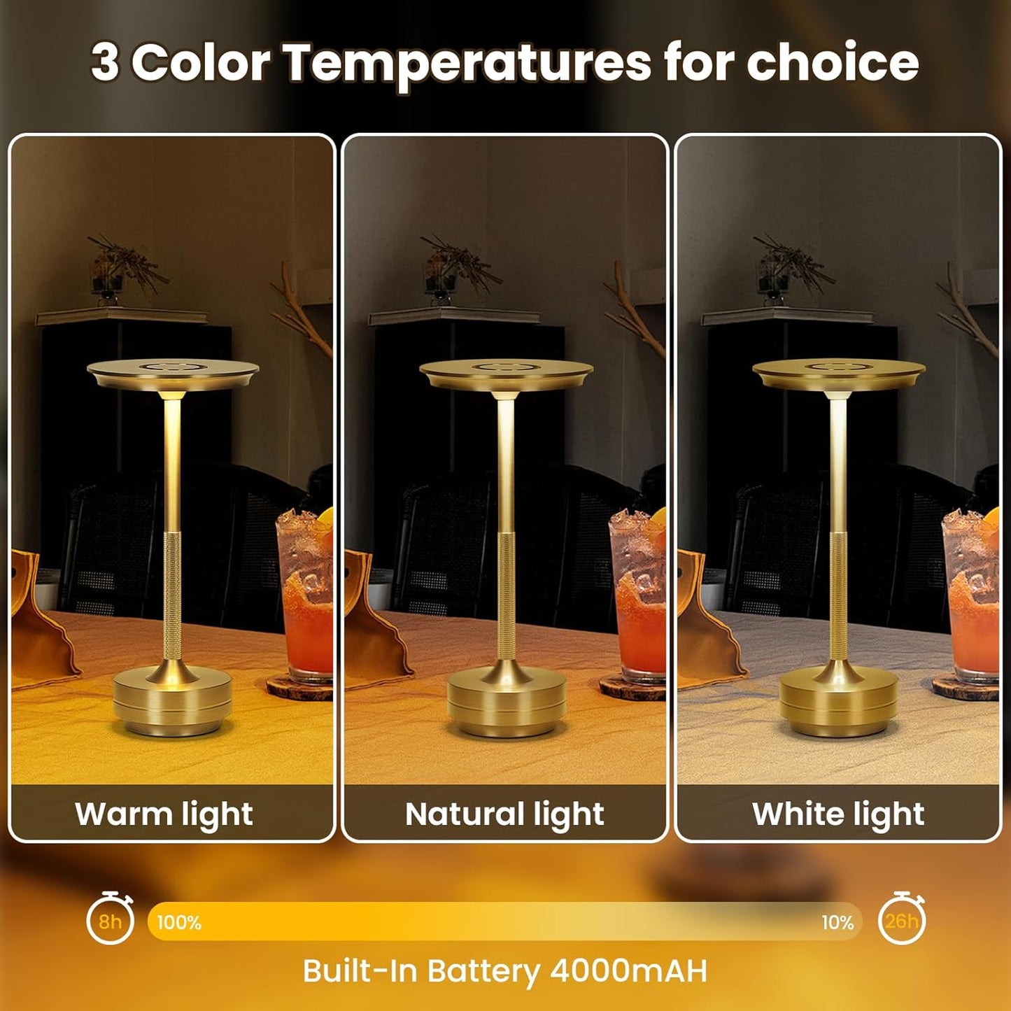 Elegant Gold Metal Touch Lamp with 3-Color Dimming and Cordless Design