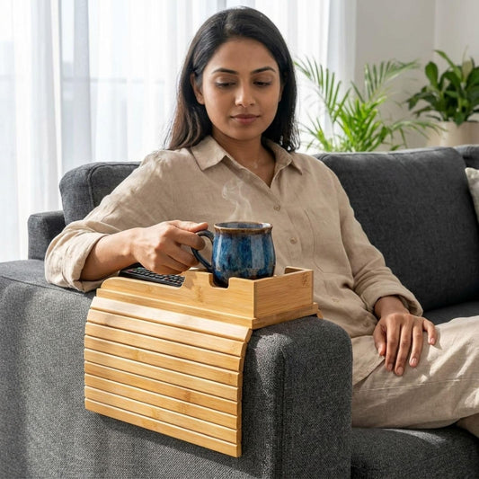 Bamboo Wood Sofa Armrest Tray with Cup Holder