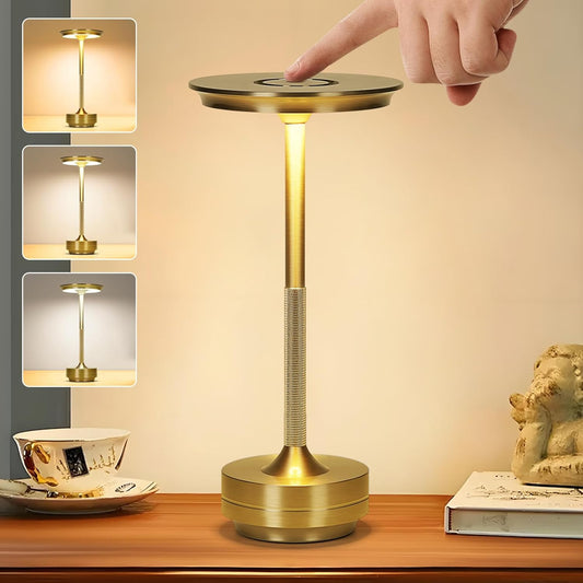 Elegant Gold Metal Touch Lamp with 3-Color Dimming and Cordless Design