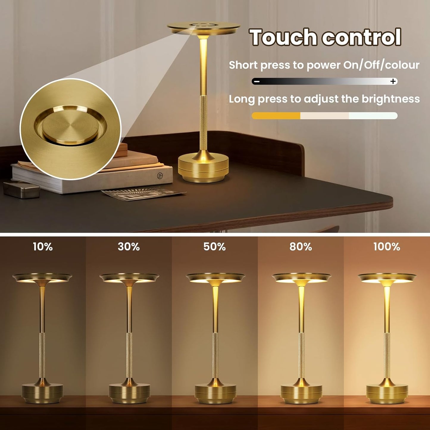 Elegant Gold Metal Touch Lamp with 3-Color Dimming and Cordless Design