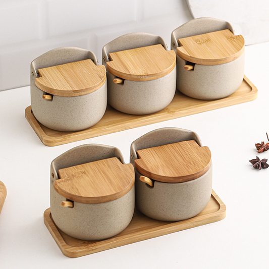 Elegant Japanese Ceramic Spice Jar Set with Bamboo Tray