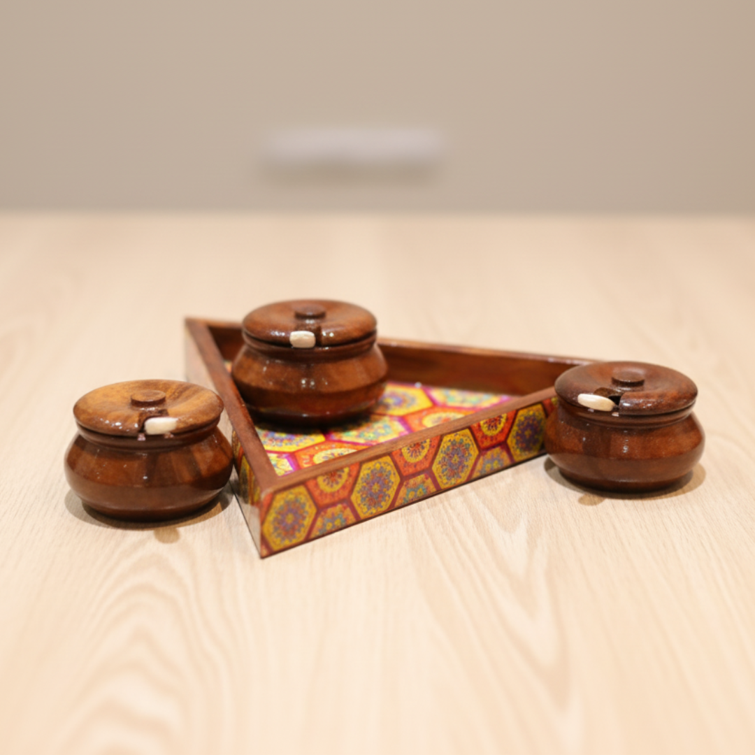 Sheesham Wood Triangular Condiment Tray with Jars and Spoons Set