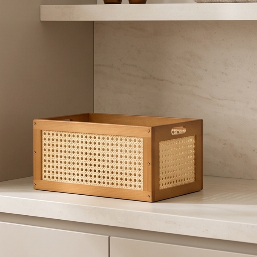 Wooden Rattan Desktop Organizer with Handles