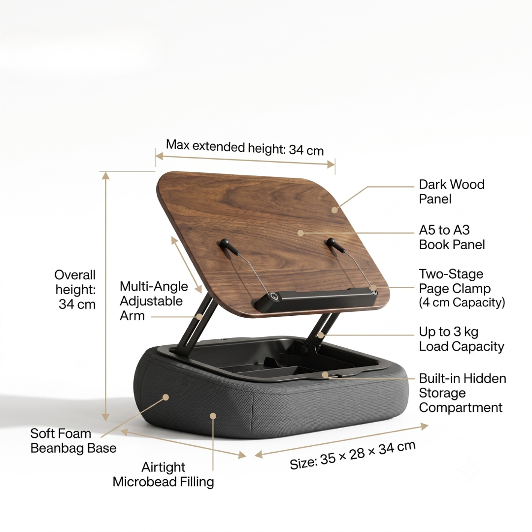 Ergonomic Adjustable Pillow Book Stand with Storage