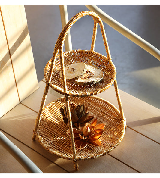 Elegant Multi Tier Handwoven Rattan Fruit Basket with Strong Metal Frame