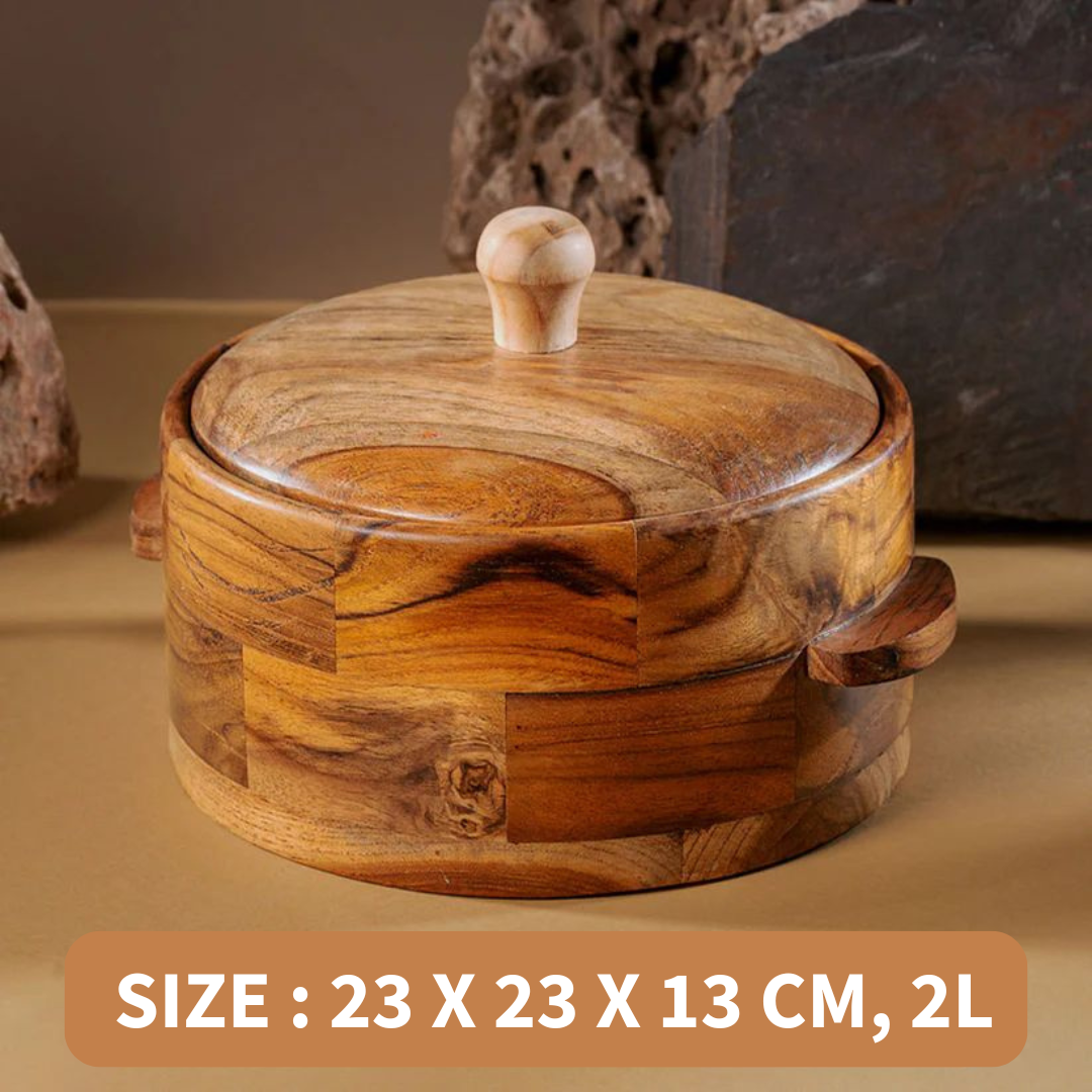 Handcrafted Wooden Chapati Casserole Box with Dual Handle and Lid