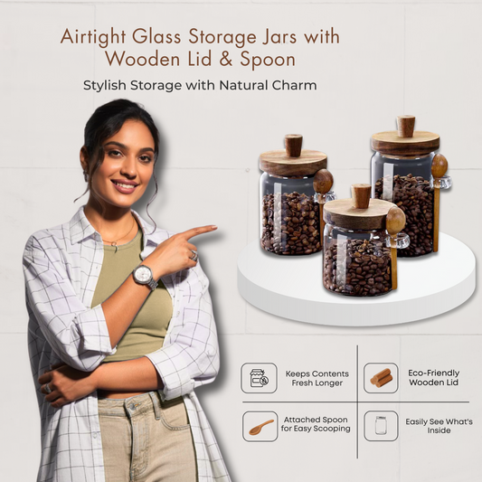 Airtight Glass Storage Jars with Wooden Lid & Spoon