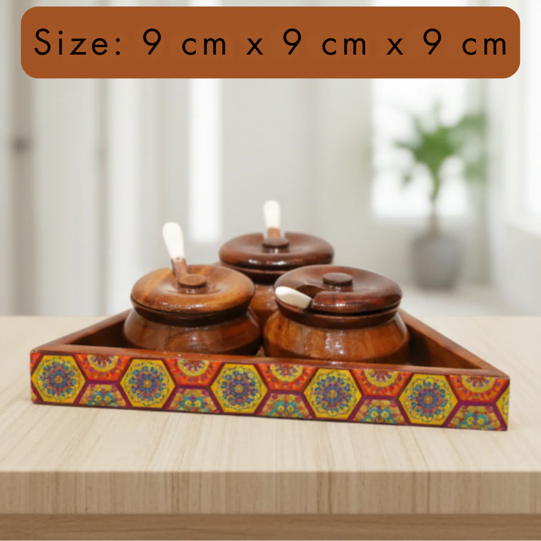 Sheesham Wood Triangular Condiment Tray with Jars and Spoons Set
