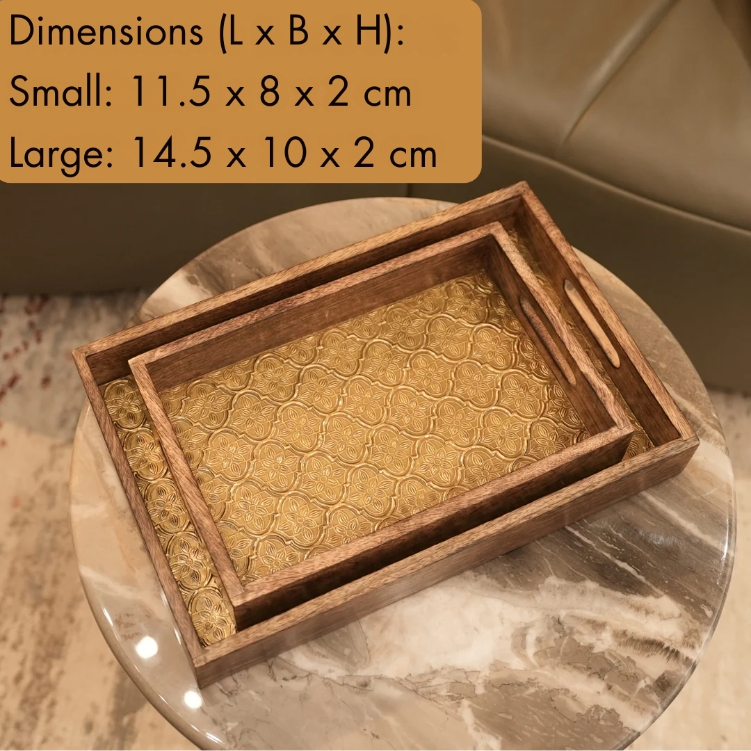 Premium Wood MDF Patra Work Decorative Tray Set with Golden Finish