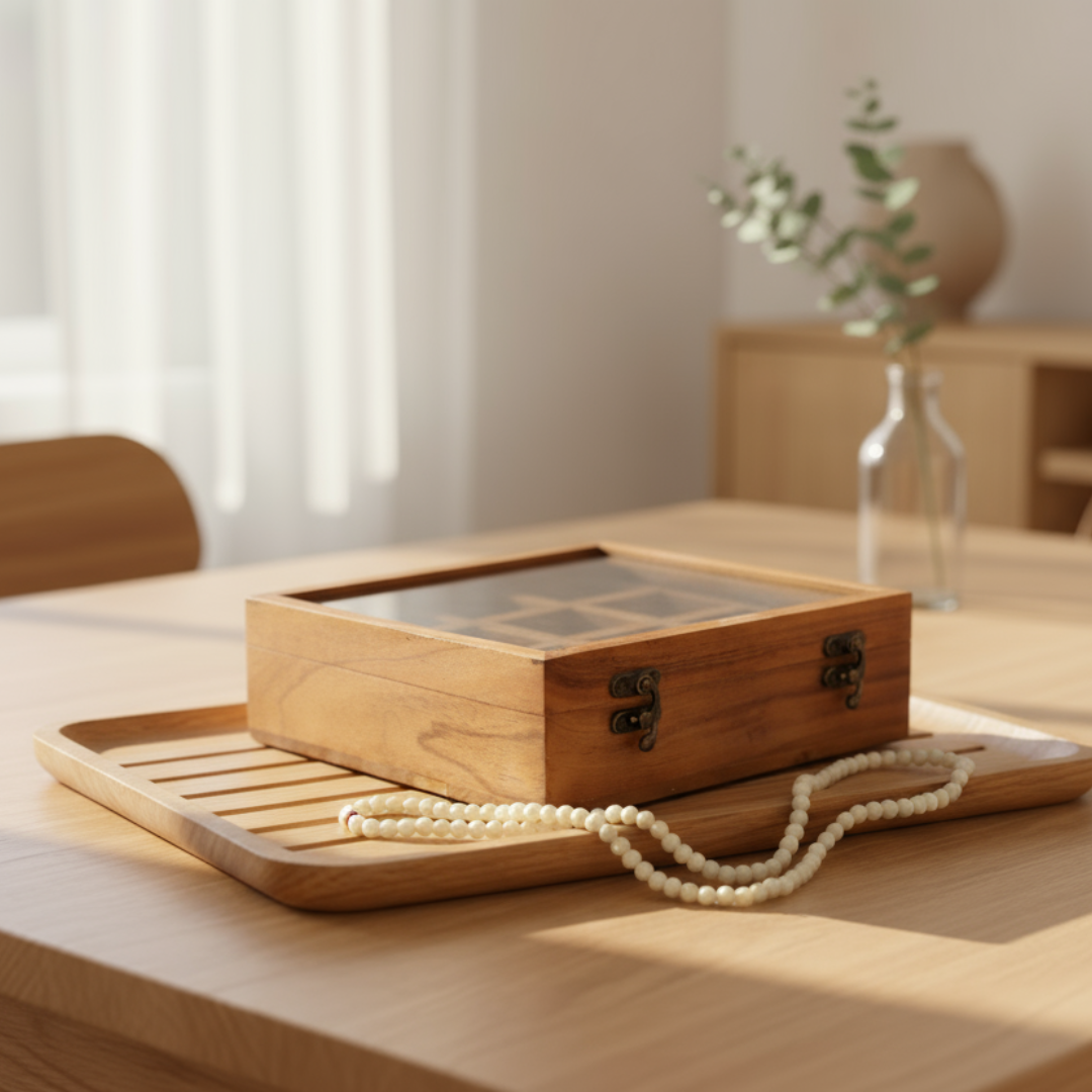 Premium Akasia Wood Glass Top Storage Boxes with Lid