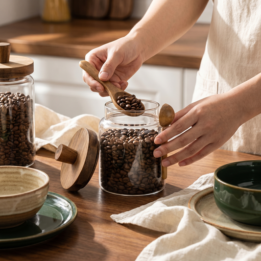 Airtight Glass Storage Jars with Wooden Lid & Spoon