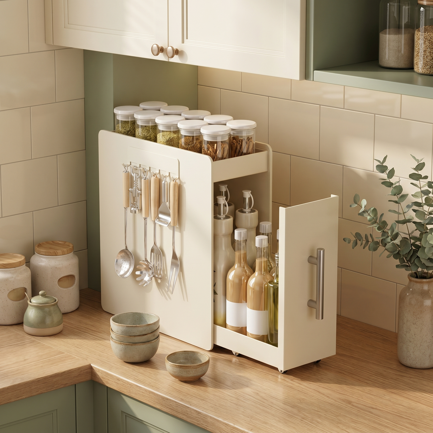 Pull Out Carbon Steel Space Saving Kitchen Storage Organizer with Magnetic Accessories
