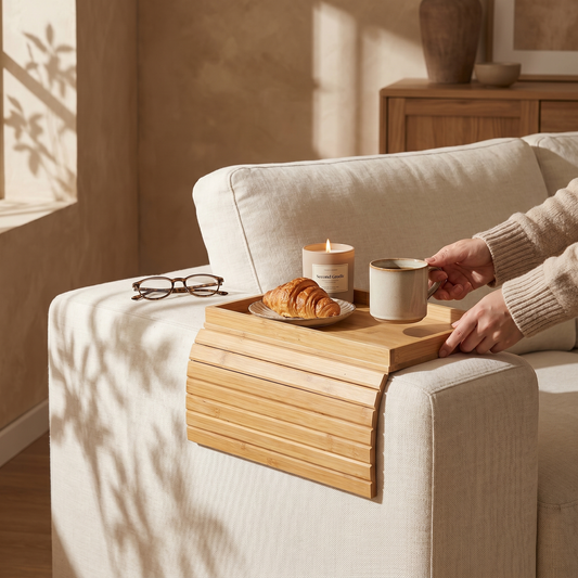 Foldable Wooden Sofa Arm Tray Table with Anti-Slip Grip