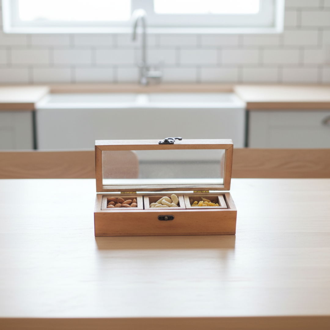 Premium Akasia Wood Glass Top Storage Boxes with Lid