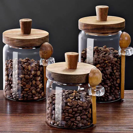 Airtight Glass Storage Jars with Wooden Lid & Spoon