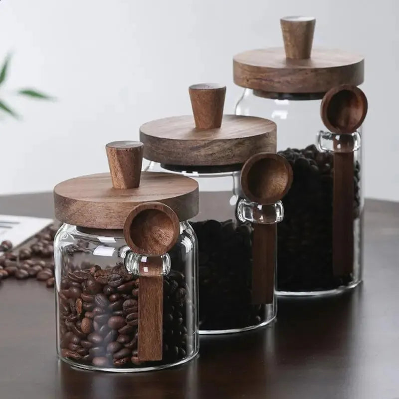 Airtight Glass Storage Jars with Wooden Lid & Spoon
