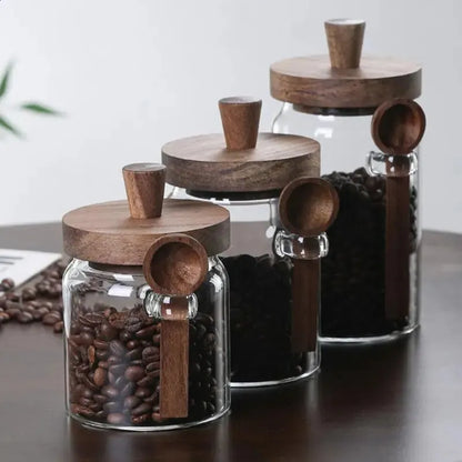 Airtight Glass Storage Jars with Wooden Lid & Spoon