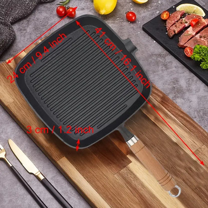 Premium Cast Iron Steak Pan with Wooden Handle