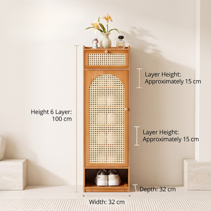 Slim Bamboo Shoe Cabinet With Magnetic Rattan Door