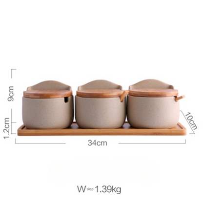 Elegant Japanese Ceramic Spice Jar Set with Bamboo Tray