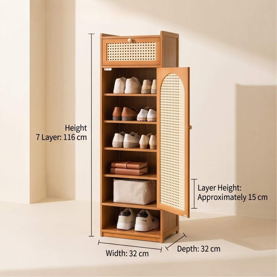 Slim Bamboo Shoe Cabinet With Magnetic Rattan Door