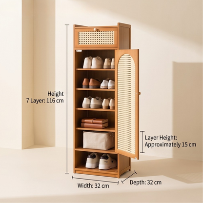 Slim Bamboo Shoe Cabinet With Magnetic Rattan Door