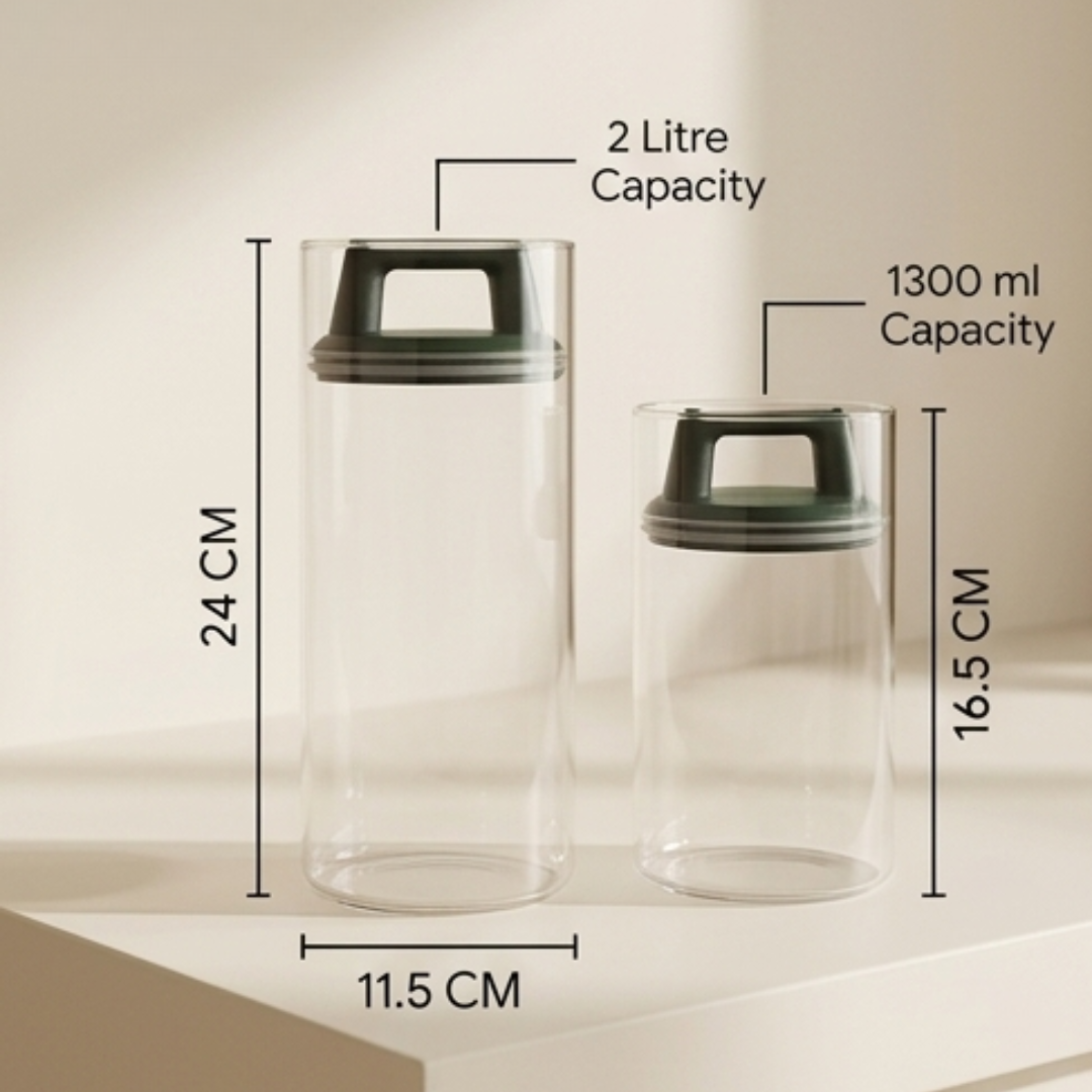 Premium Airtight Borosilicate Glass Storage Jar With Vacuum Lid (Set of 2)