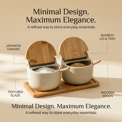 Elegant Japanese Ceramic Spice Jar Set with Bamboo Tray