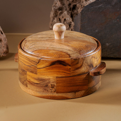 Handcrafted Wooden Chapati Casserole Box with Dual Handle and Lid
