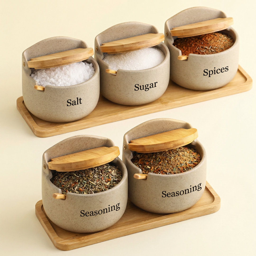 Elegant Japanese Ceramic Spice Jar Set with Bamboo Tray