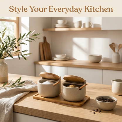 Elegant Japanese Ceramic Spice Jar Set with Bamboo Tray