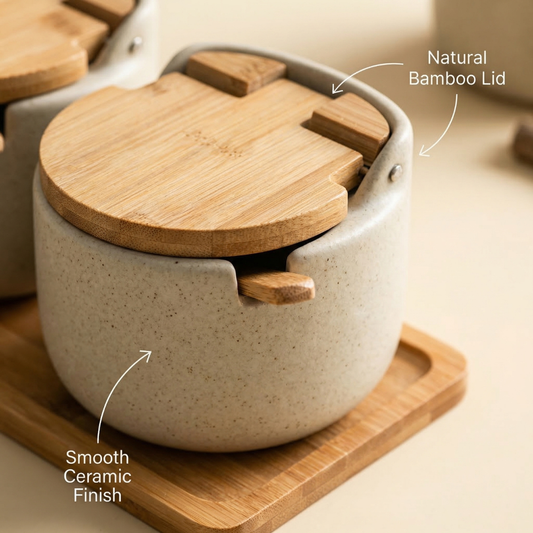 Elegant Japanese Ceramic Spice Jar Set with Bamboo Tray