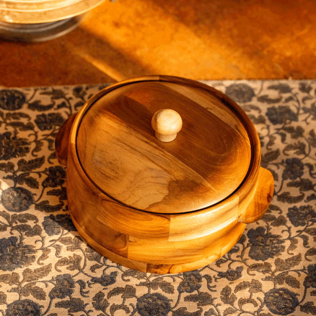 Handcrafted Wooden Chapati Casserole Box with Dual Handle and Lid